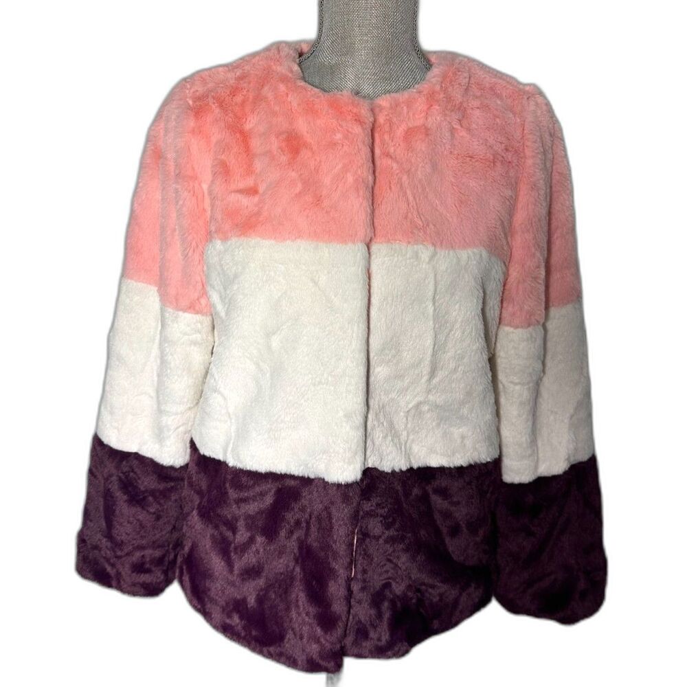 CAT & JACK Pink/White/Purple Stripe Colorblock Faux Fur Jacket Girls Sz XL 14/16